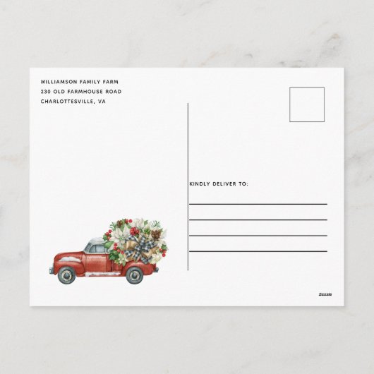 ヴィンテージレッドトラック素朴クリスマスパーティー招待状 シーズンポストカード (裏面)