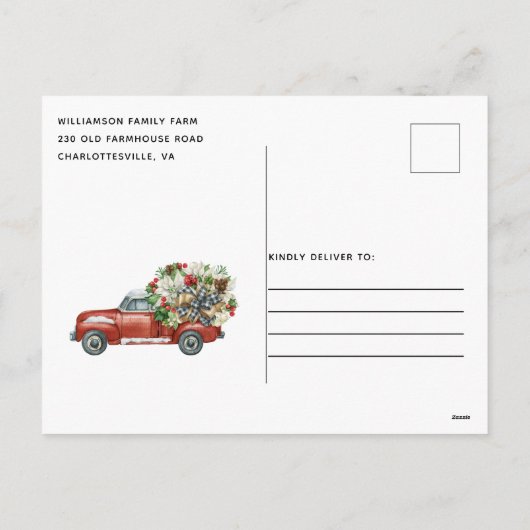 ヴィンテージレッドトラック素朴ファミリークリスマスパーティー シーズンポストカード (裏面)