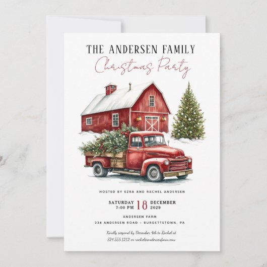 ヴィンテージレッドトラック素朴ファミリークリスマスパーティー 招待状 (正面)