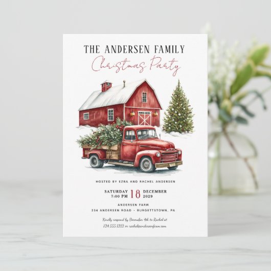 ヴィンテージレッドトラック素朴ファミリークリスマスパーティー 招待状 (スタンド正面)