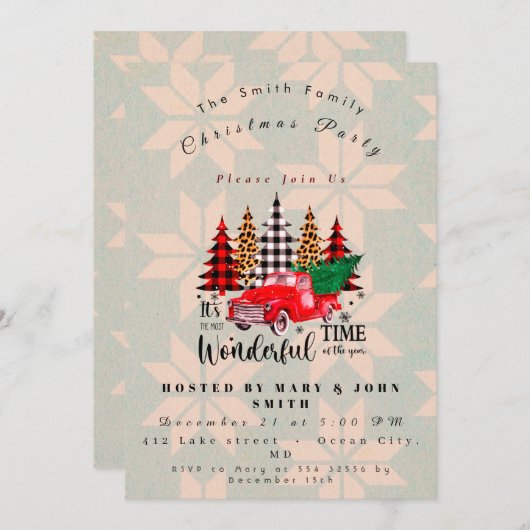 ヴィンテージレッドトラック素朴ファミリークリスマスパーティー 招待状 (正面/裏面)