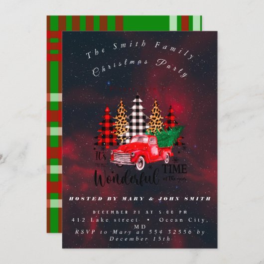 ヴィンテージレッドトラック素朴ファミリークリスマスパーティー 招待状 (正面/裏面)