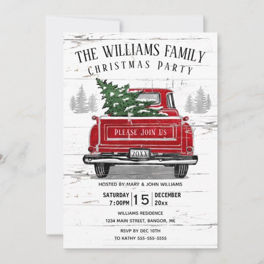ヴィンテージレッドトラック素朴ファミリークリスマスパーティー 招待状 (正面)