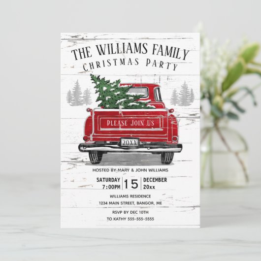 ヴィンテージレッドトラック素朴ファミリークリスマスパーティー 招待状 (スタンド正面)