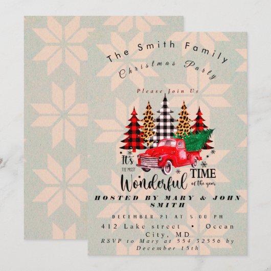 ヴィンテージレッドトラック素朴ファミリークリスマスパーティーI 招待状 (正面/裏面)
