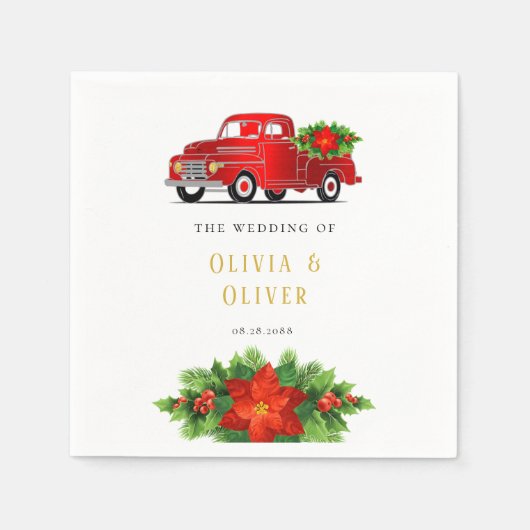 ヴィンテージレッドトラック結婚ポインセチア スタンダードカクテルナプキン (正面)
