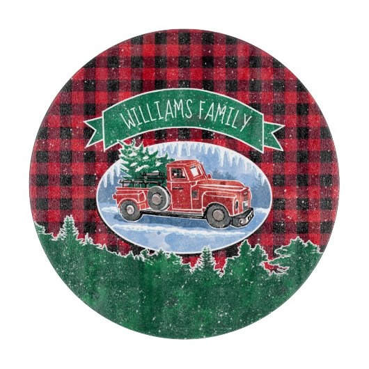 ヴィンテージレッドトラック赤バッファロープレイドクリスマス カッティングボード (正面)