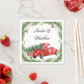 ヴィンテージレッドトラック雪の結婚クリスマス スタンダードカクテルナプキン (インサイチュ)