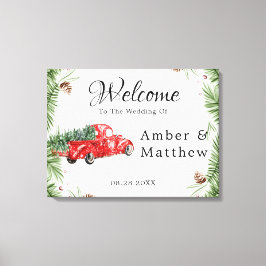 ヴィンテージレッドトラック雪結婚クリスマスPr キャンバスプリント