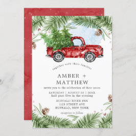 ヴィンテージレッドトラック雪結婚式招待状