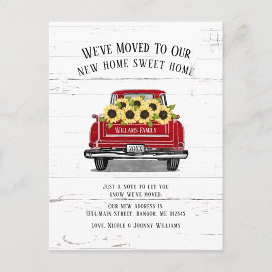 ヴィンテージレッドトラック黄ひまわりフローラ移動 案内ポストカード (正面)