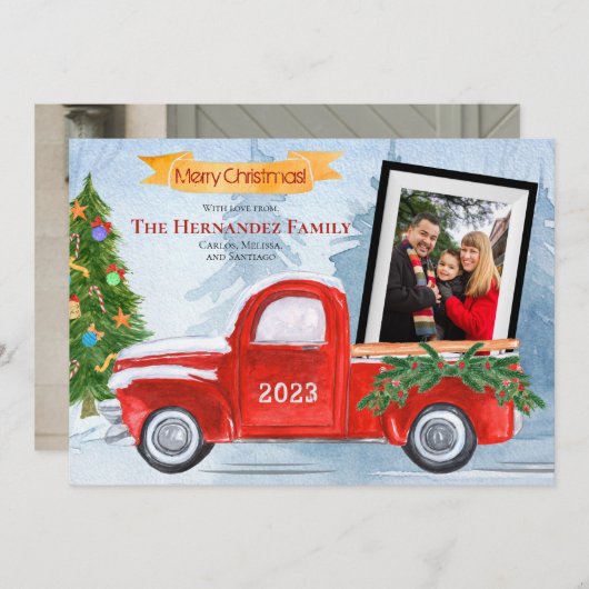 ヴィンテージレッドトラック2写真メリークリスマス シーズンカード (正面/裏面)