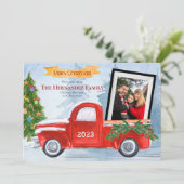 ヴィンテージレッドトラック2写真メリークリスマス シーズンカード (スタンド正面)