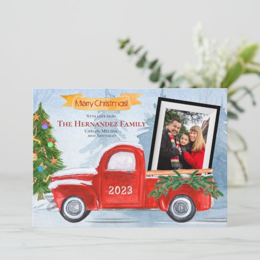 ヴィンテージレッドトラック2写真メリークリスマス シーズンカード (スタンド正面)