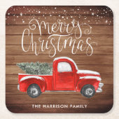 ヴィンテージレッドトラック |クラシッククリ素朴スマス スクエアペーパーコースター (正面)