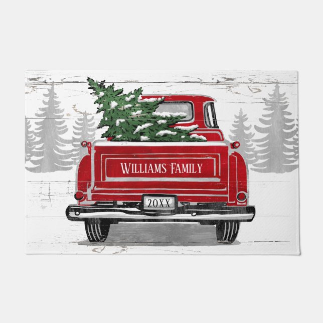 ヴィンテージレッドトラック（クリスマスツリーファミリー名） ドアマット (正面)