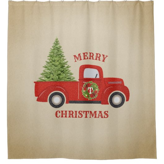 ヴィンテージレッドトラック&クリスマスツリーモノグラム シャワーカーテン (正面)