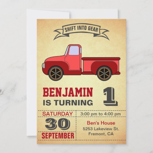 ヴィンテージレッドトラック ファーストバースデーパーティー招待状 招待状 (正面)