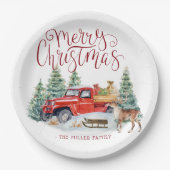 ヴィンテージレッドトラック |家族のクリスマスパーソナライズされた ペーパープレート (正面)