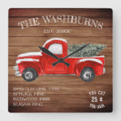 ヴィンテージレッドトラック |農家のクリスマス スクエア壁時計 (正面)