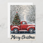 ヴィンテージレッドトラック & 雪の木立ち並ぶ道 シーズンカード (正面/裏面)