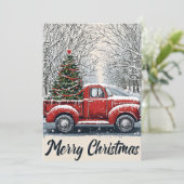 ヴィンテージレッドトラック & 雪の木立ち並ぶ道 シーズンカード (スタンド正面)