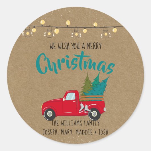 ヴィンテージレッドトラックKraft上のクリスマスツリー ラウンドシール (正面)