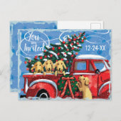 ヴィンテージレッドトラックw/ドッグクリスマスパーティー インビテーションポストカード (正面/裏面)
