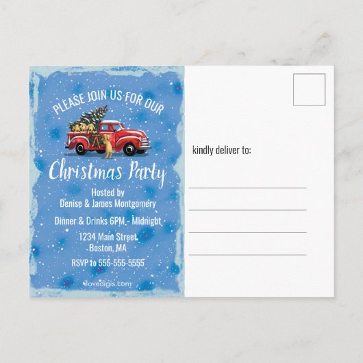 ヴィンテージレッドトラックw/ドッグクリスマスパーティー インビテーションポストカード (裏面)