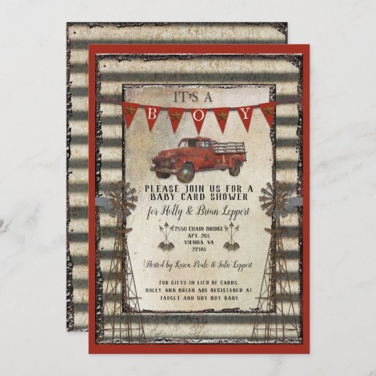 ヴィンテージレッドトラッ素朴クファームパーソナライズされたハウス 招待状 (正面/裏面)