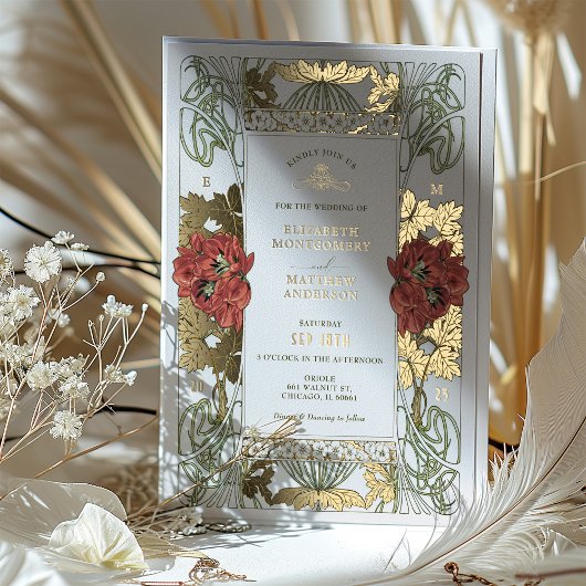 ヴィンテージレッドトルピス&金ゴールド結婚ズアールヌーボー 箔招待状