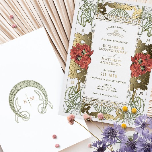 ヴィンテージレッドトルピス&金ゴールド結婚ズアールヌーボー 箔招待状