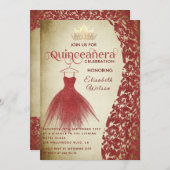 ヴィンテージレッドドレスダマスク金ゴールドティアラ・キンセアニラ 招待状 (正面/裏面)