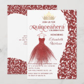 ヴィンテージレッドドレスダマスク金ゴールドティアラQuinceanera I 招待状 (正面/裏面)