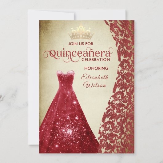 ヴィンテージレッドドレスダマスク金ゴールドティアラQuinceanera I 招待状 (正面)