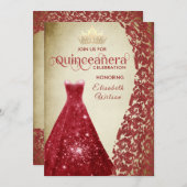 ヴィンテージレッドドレスダマスク金ゴールドティアラQuinceanera I 招待状 (正面/裏面)