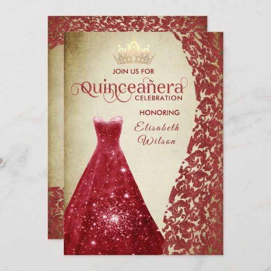 ヴィンテージレッドドレスダマスク金ゴールドティアラQuinceanera I 招待状 (正面/裏面)