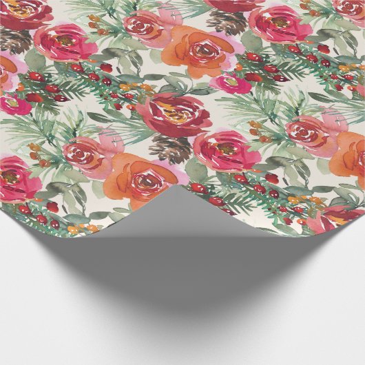 ヴィンテージレッドハンド絵を描フローラクリスマスフラワー ラッピングペーパー (角)