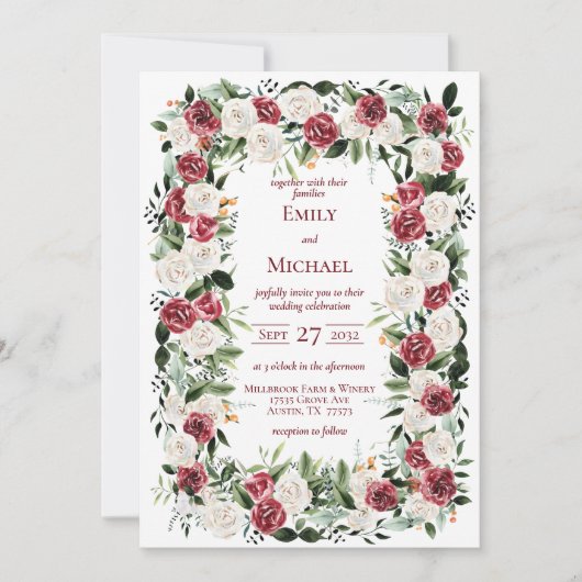 ヴィンテージレッドバーガンディホワイトローズフレーム招待状 招待状 (正面)