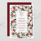 ヴィンテージレッドバーガンディホワイトローズフレーム招待状 招待状 (正面/裏面)