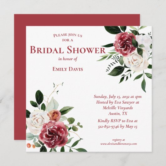 ヴィンテージレッドバーガンディホワイトローズブライダルシャワー 招待状 (正面/裏面)