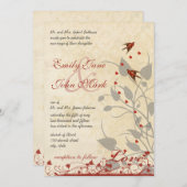 ヴィンテージレッドバードハート結婚式招待状 招待状 (正面/裏面)