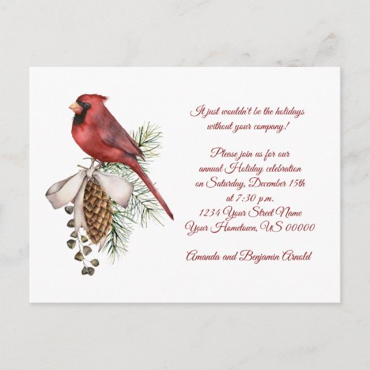 ヴィンテージレッドバードパインコーンリボンホリデーパーティー ポストカード (正面)