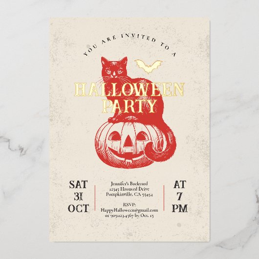 ヴィンテージレッドパンプキンアンドキャットハローウィンパーティ金ゴールド 箔招待状 (正面)