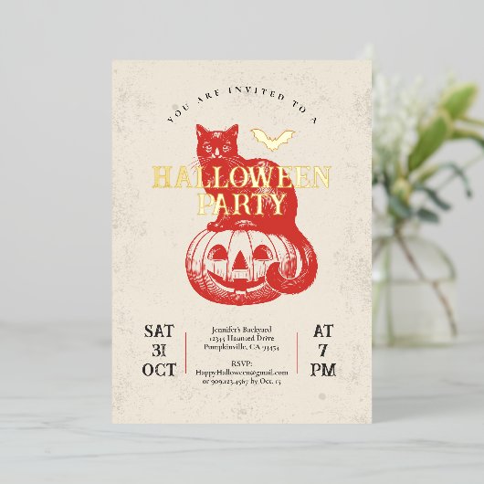 ヴィンテージレッドパンプキンアンドキャットハローウィンパーティ金ゴールド 箔招待状 (立ち正面)