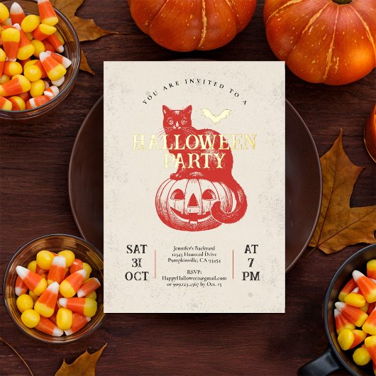 ヴィンテージレッドパンプキンアンドキャットハローウィンパーティ金ゴールド 箔招待状