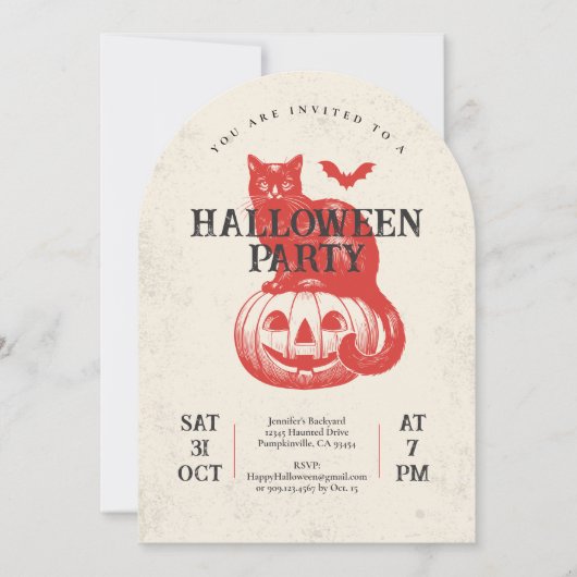 ヴィンテージレッドパンプキンアンドキャットハローウィンパーティ 招待状 (正面)