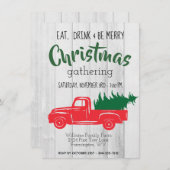 ヴィンテージレッドピックアップトラッククリスマス招待状 サンキューカード (正面/裏面)