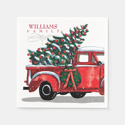 ヴィンテージレッドピックアップトラックファミリー名モノグラム スタンダードカクテルナプキン (正面)