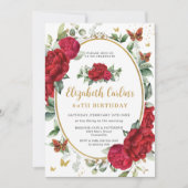 ヴィンテージレッドピーニーフローラ蝶誕生日 招待状 (正面)